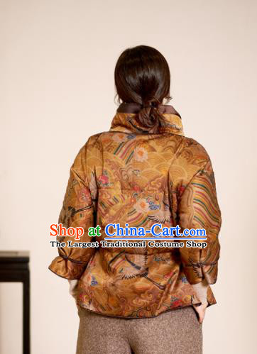 Top Grade Traditional Chinese Printing Golden Cotton Wadded Jacket Tang Suit Silk Upper Outer Garment for Women