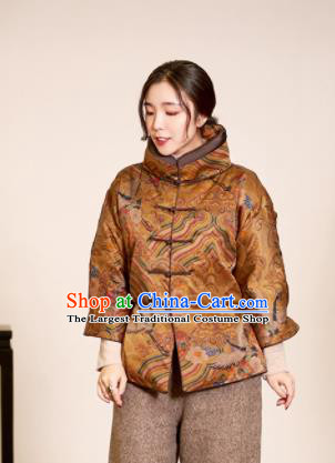Top Grade Traditional Chinese Printing Golden Cotton Wadded Jacket Tang Suit Silk Upper Outer Garment for Women