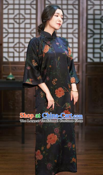 Traditional Chinese Graceful Black Cheongsam Tang Suit Silk Qipao Dress for Women