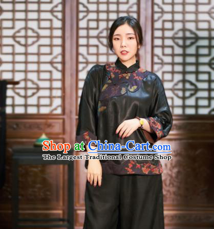 Top Grade Traditional Chinese Embroidered Black Jacket Tang Suit Silk Upper Outer Garment for Women