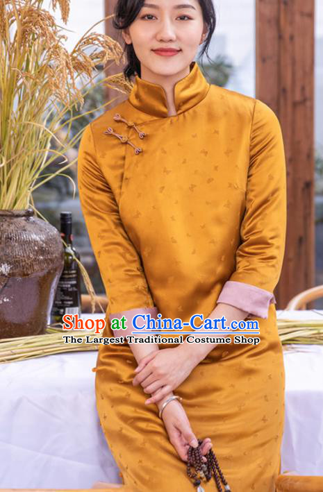 Traditional Chinese National Graceful Golden Silk Cheongsam Tang Suit Qipao Dress for Women