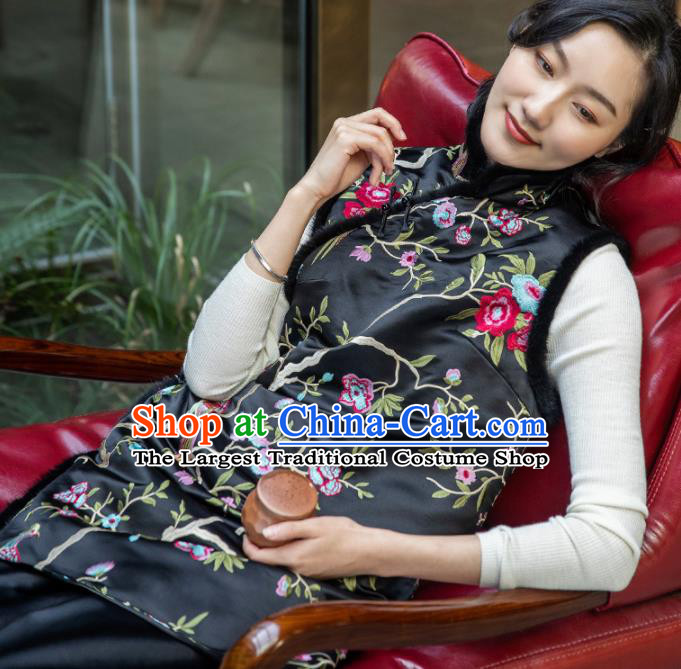 Top Grade Traditional Chinese Embroidered Black Cotton Wadded Vest Tang Suit Upper Outer Garment for Women
