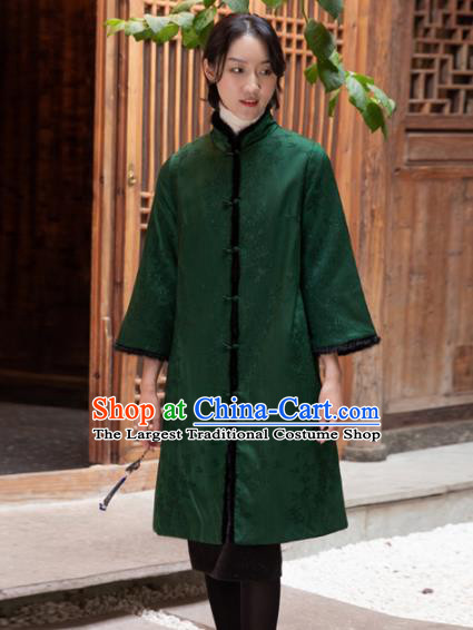 Top Grade Traditional Chinese National Green Cotton Wadded Coat Tang Suit Silk Upper Outer Garment for Women