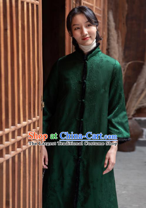 Top Grade Traditional Chinese National Green Cotton Wadded Coat Tang Suit Silk Upper Outer Garment for Women
