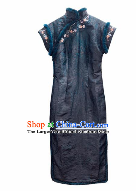 Traditional Chinese Cotton Wadded Cheongsam Embroidered Silk Qipao Dress for Women