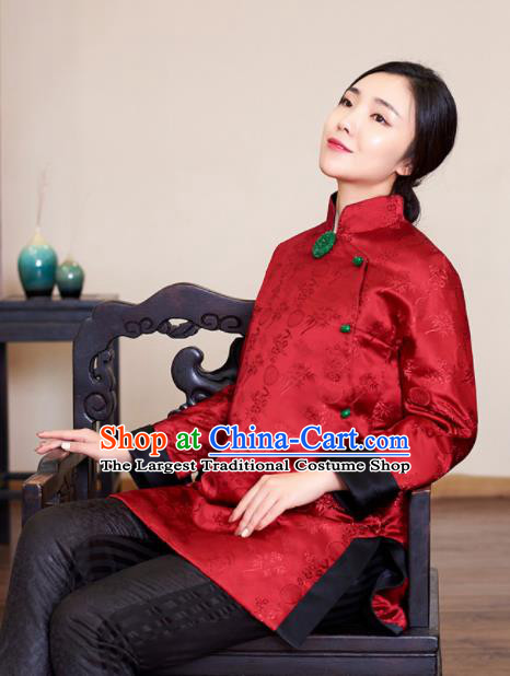 Top Grade Traditional Chinese Embroidered Red Blouse Tang Suit Silk Upper Outer Garment for Women