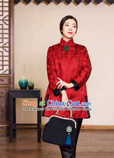 Top Grade Traditional Chinese Embroidered Red Blouse Tang Suit Silk Upper Outer Garment for Women