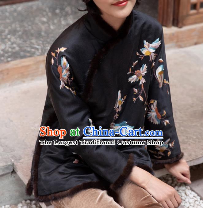 Top Grade Traditional Chinese National Embroidered Black Cotton Wadded Coat Tang Suit Silk Upper Outer Garment for Women