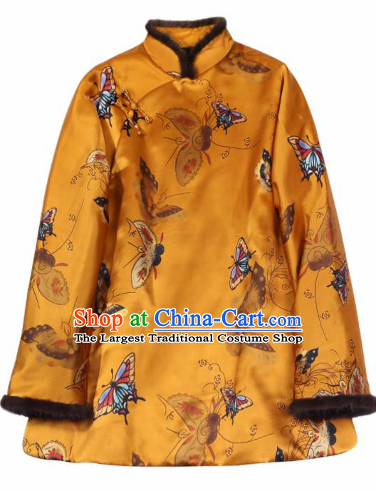 Top Grade Traditional Chinese National Printing Butterfly Golden Cotton Wadded Jacket Tang Suit Silk Upper Outer Garment for Women
