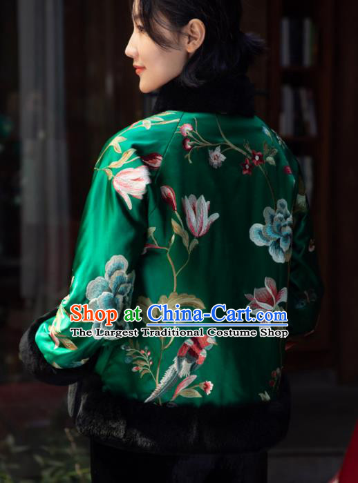 Top Grade Traditional Chinese National Embroidered Green Cotton Wadded Jacket Tang Suit Silk Upper Outer Garment for Women