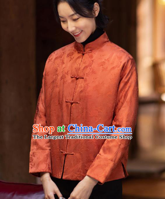 Top Grade Traditional Chinese National Orange Cotton Wadded Jacket Tang Suit Silk Upper Outer Garment for Women
