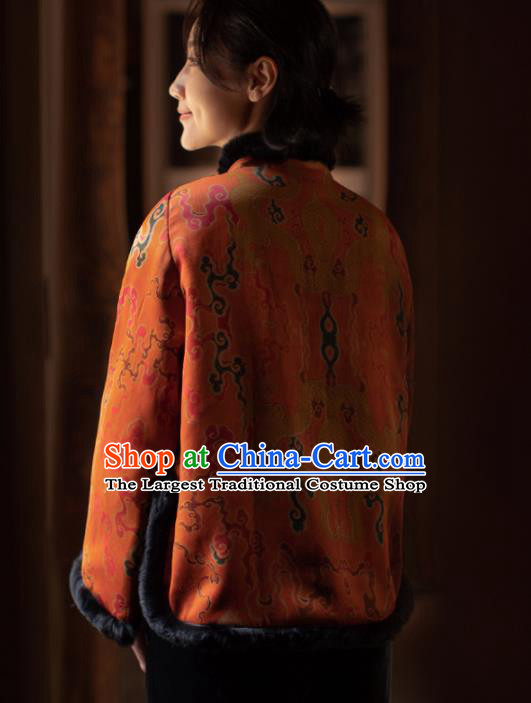 Top Grade Traditional Chinese National Orange Silk Cotton Wadded Jacket Tang Suit Upper Outer Garment for Women
