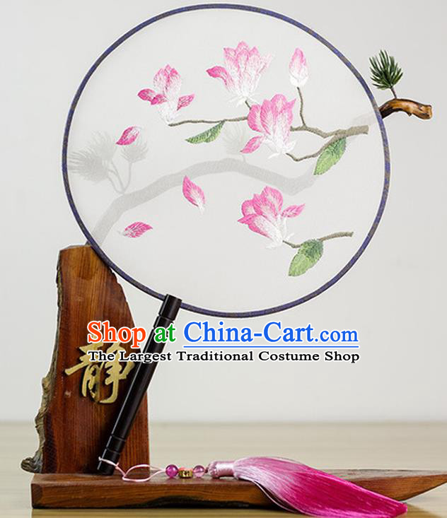 Chinese Traditional Embroidered Mangnolia Round Fan Classical Palace Fans for Women