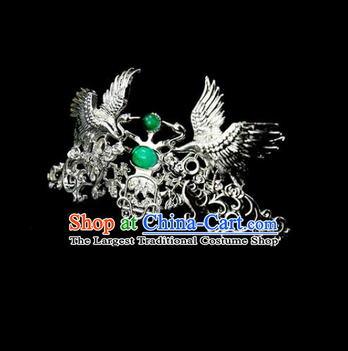 Chinese Ancient Princess Green Glass Argent Crane Hair Crown Traditional Classical Dance Hair Accessories for Women