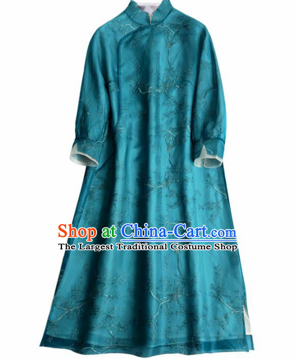 Traditional Chinese National Graceful Embroidered Blue Organza Cheongsam Tang Suit Qipao Dress for Women