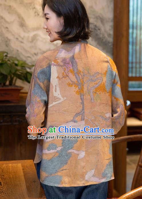 Top Grade Traditional Chinese National Printing Light Brown Silk Blouse Tang Suit Upper Outer Garment for Women