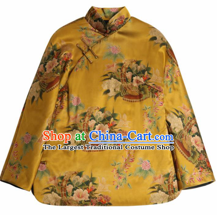 Top Grade Traditional Chinese National Printing Golden Silk Jacket Tang Suit Upper Outer Garment for Women