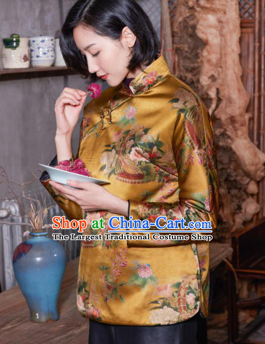 Top Grade Traditional Chinese National Printing Golden Silk Jacket Tang Suit Upper Outer Garment for Women