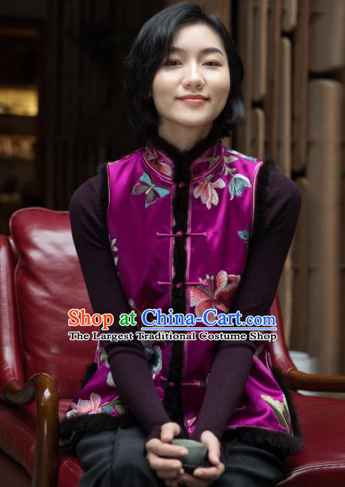 Top Grade Traditional Chinese Embroidered Purple Silk Vest Tang Suit Upper Outer Garment for Women