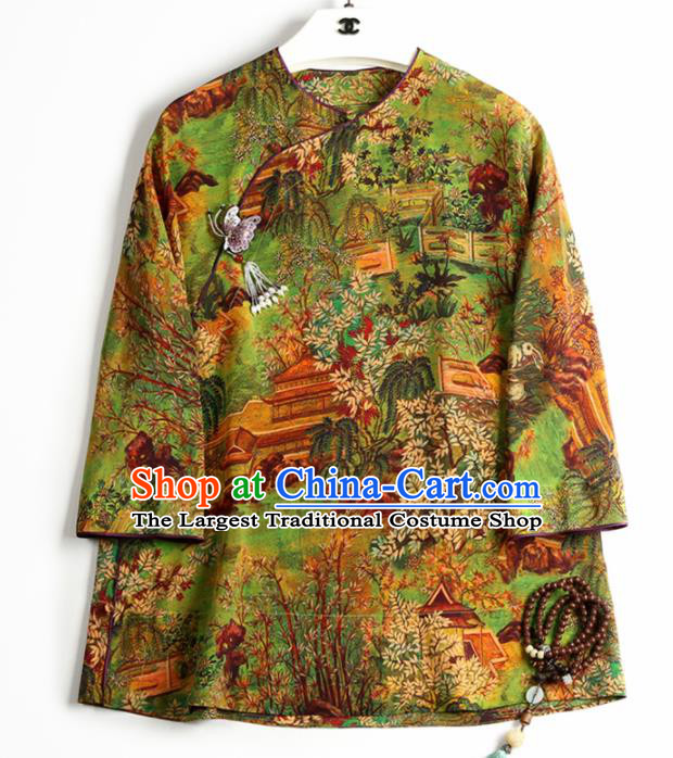 Top Grade Traditional Chinese National Printing Green Silk Blouse Tang Suit Upper Outer Garment for Women