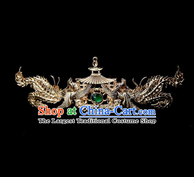Chinese Ancient Princess Green Glass Phoenix Hair Clip Golden Hairpins Traditional Classical Dance Hair Accessories for Women
