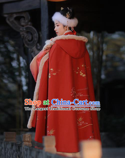 Chinese Ancient Nobility Lady Embroidered Red Cloak Traditional Ming Dynasty Imperial Princess Costumes for Women