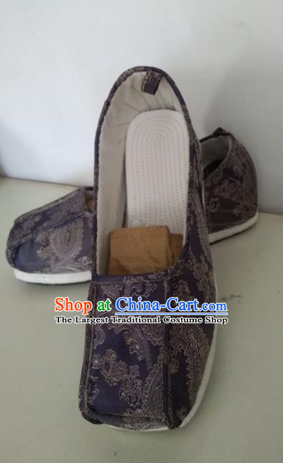 Chinese Kung Fu Shoes Deep Purple Brocade Shoes Traditional Hanfu Shoes Opera Shoes for Men