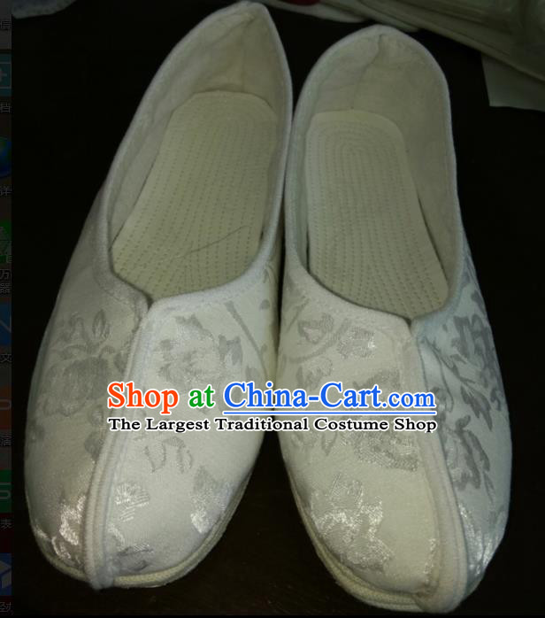Chinese Kung Fu Shoes White Brocade Shoes Traditional Hanfu Shoes Opera Shoes for Men