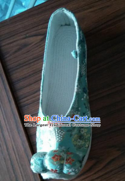 Chinese Traditional Blue Brocade Bow Shoes Opera Shoes Hanfu Shoes Ancient Princess Shoes for Women