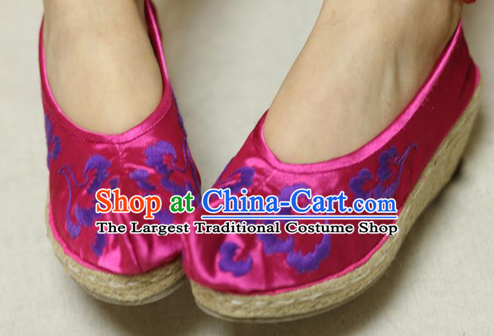 Chinese Traditional National Embroidered Rosy Satin Shoes Hanfu Shoes for Women