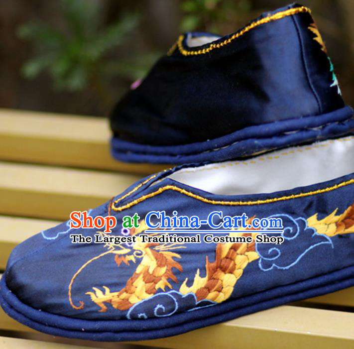 Chinese Traditional National Embroidered Dragon Phoenix Navy Shoes Hanfu Shoes for Women
