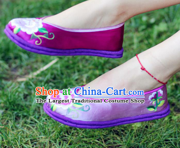 Chinese Traditional National Embroidered Peony Purple Shoes Hanfu Shoes for Women