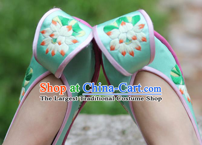 Chinese Handmade Embroidered Lotus Green Shoes Hanfu Shoes Traditional National Shoes for Women