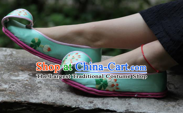 Chinese Handmade Embroidered Lotus Green Shoes Hanfu Shoes Traditional National Shoes for Women