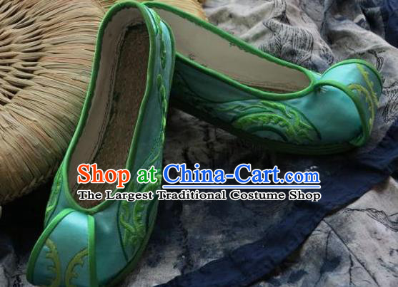 Chinese Handmade Green Embroidered Shoes Hanfu Shoes Traditional National Shoes for Women