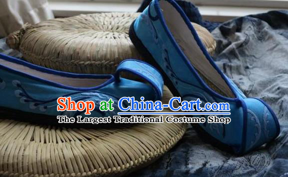 Chinese Handmade Blue Embroidered Shoes Hanfu Shoes Traditional National Shoes for Women
