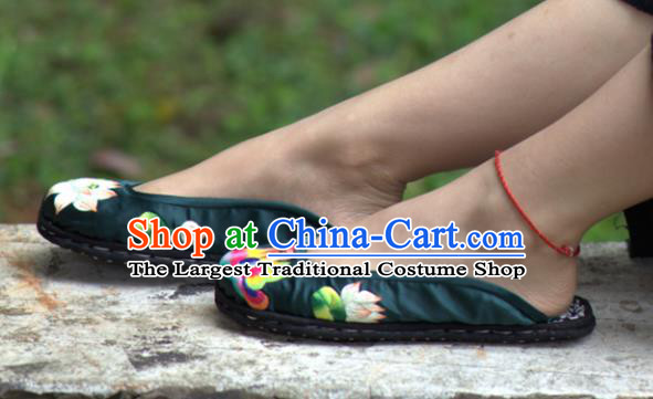Chinese Traditional National Embroidered Mandarin Duck Lotus Deep Green Slippers Hanfu Shoes for Women