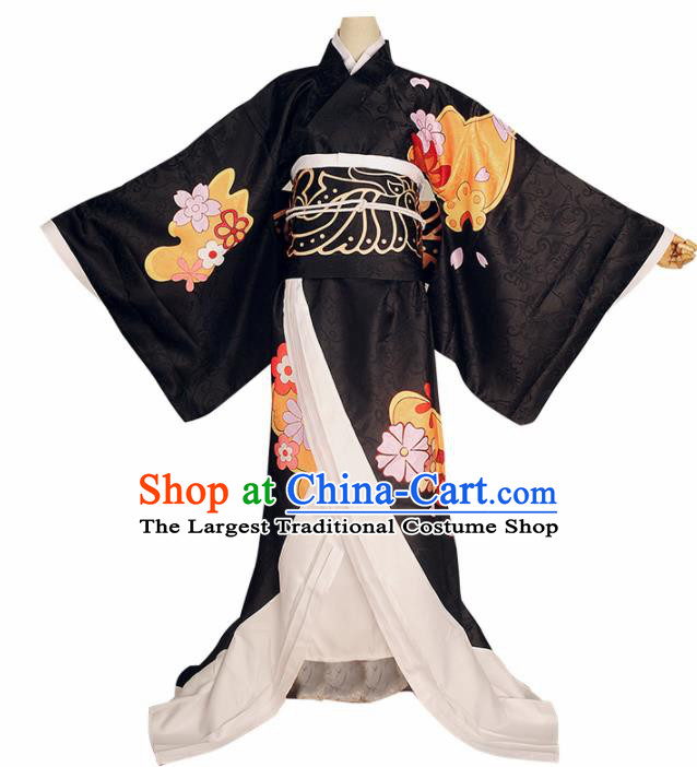 Japanese Cosplay Geisha Black Kimono Dress Traditional Ancient Courtesan Costume for Women
