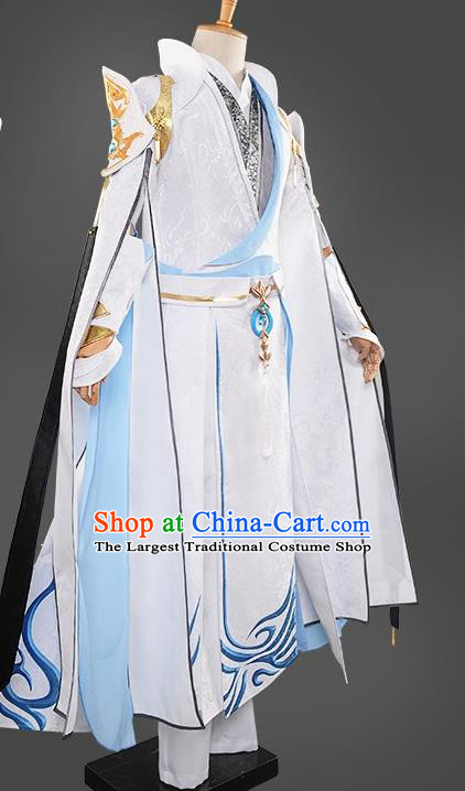 Chinese Cosplay Taoist Priest Swordsman White Hanfu Clothing Traditional Ancient Knight Costume for Men
