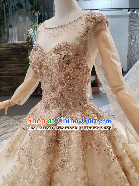 Custom Compere Embroidered Golden Beads Trailing Full Dress Wedding Bride Costumes Top Grade Bridal Gown for Women