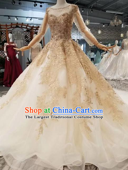 Custom Compere Embroidered Golden Beads Trailing Full Dress Wedding Bride Costumes Top Grade Bridal Gown for Women
