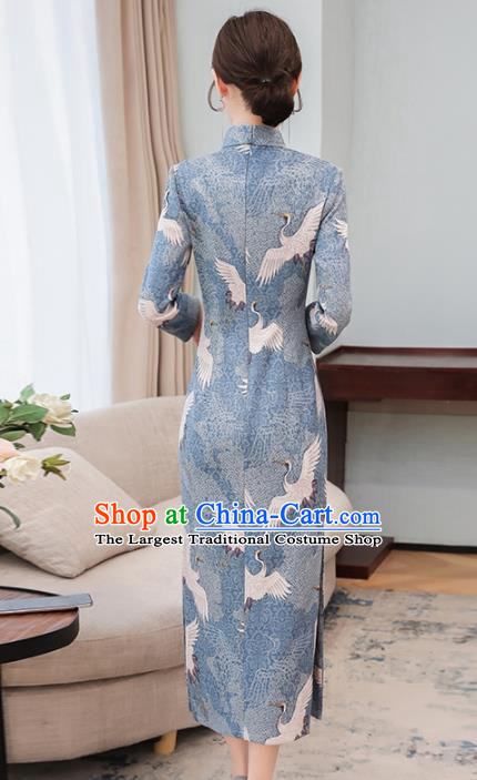 Chinese Traditional Printing Crane Light Blue Long Cheongsam Costume China National Qipao Dress for Women