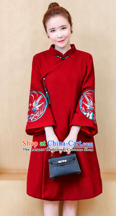 Chinese Traditional Compere Embroidered Red Woolen Cheongsam Costume China National Qipao Dress for Women