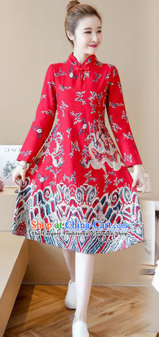 Chinese Traditional Printing Dragon Red Cheongsam Costume China National Qipao Dress for Women