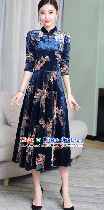 Chinese Traditional Printing Deep Blue Velvet Mother Cheongsam Costume China National Qipao Dress for Women
