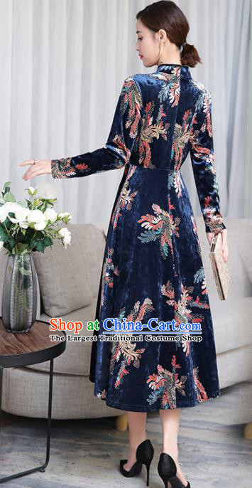 Chinese Traditional Printing Deep Blue Velvet Mother Cheongsam Costume China National Qipao Dress for Women