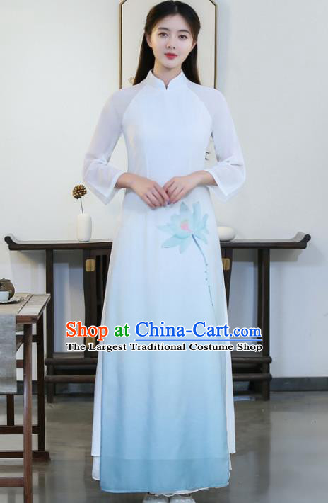 Chinese Traditional Printing Lotus Light Blue Cheongsam Costume China National Qipao Dress for Women