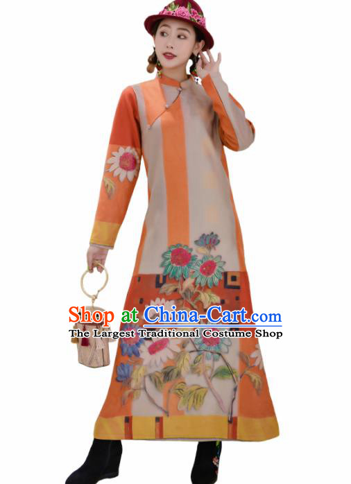 Chinese Traditional Compere Printing Orange Suede Fabric Cheongsam Costume China National Qipao Dress for Women