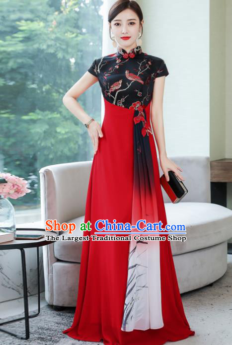 Chinese Traditional Compere Printing Orchid Red Cheongsam Costume China National Qipao Dress for Women
