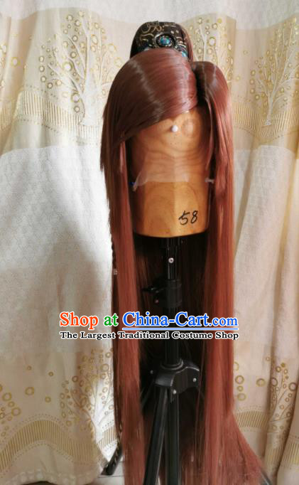 Custom Chinese Cosplay Swordsman Brown Wigs Ancient Knight Hair Chignon and Accessories for Men